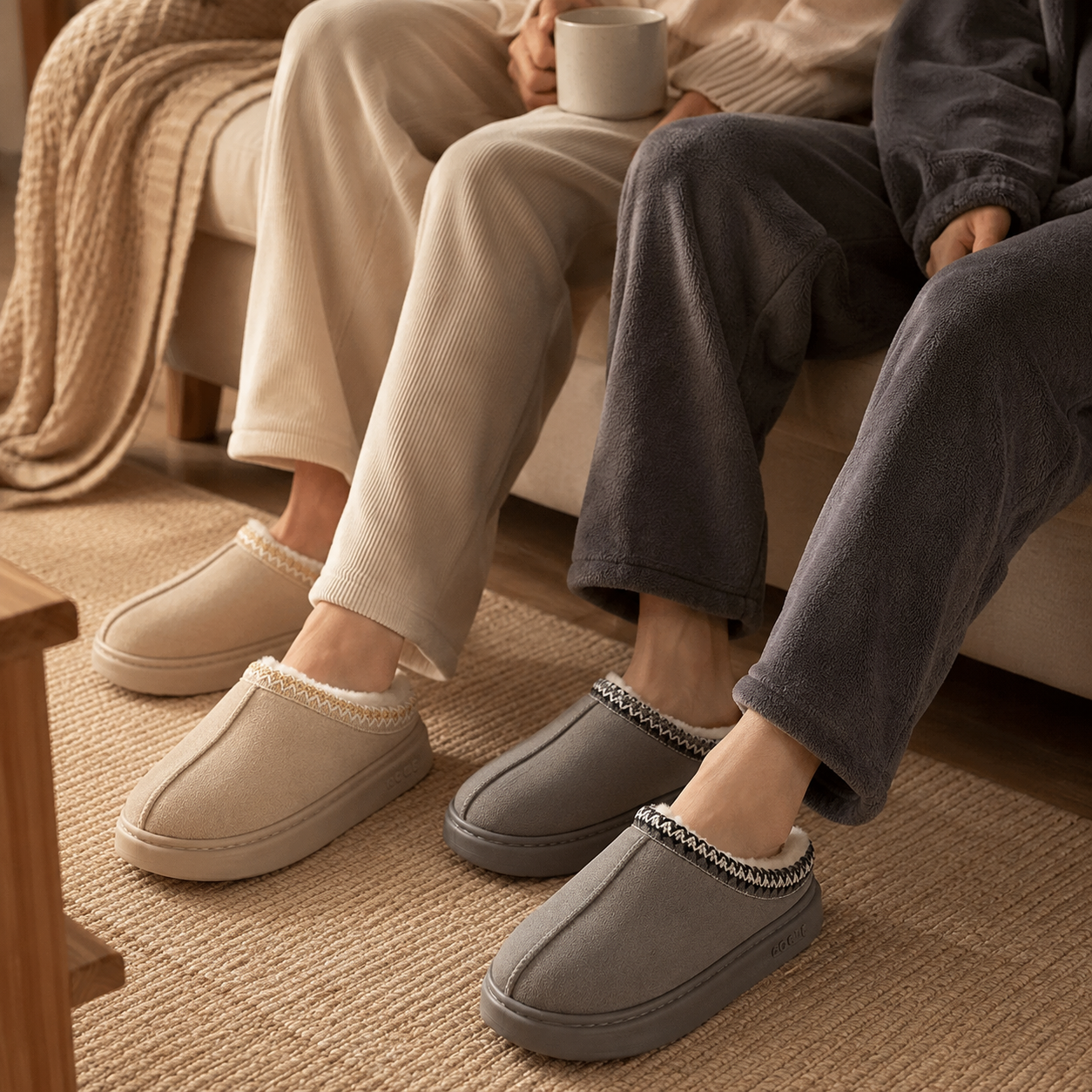 Pantufa de Couro Unissex Forrada em Lã Antiderrapante para Inverno