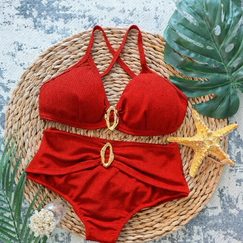 Biquíni Feminino Cintura Alta com Detalhes Dourados