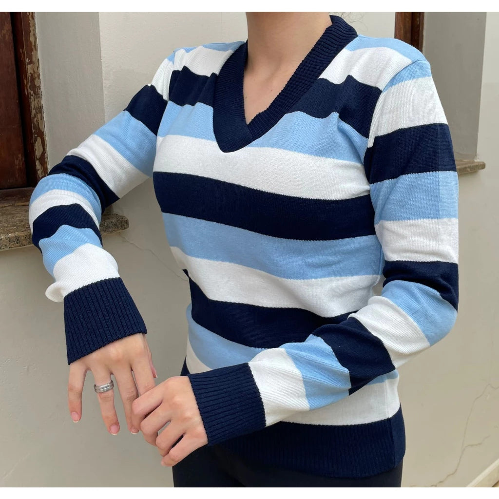 Blusa Feminina de Tricot Listrada com Gola V para Inverno