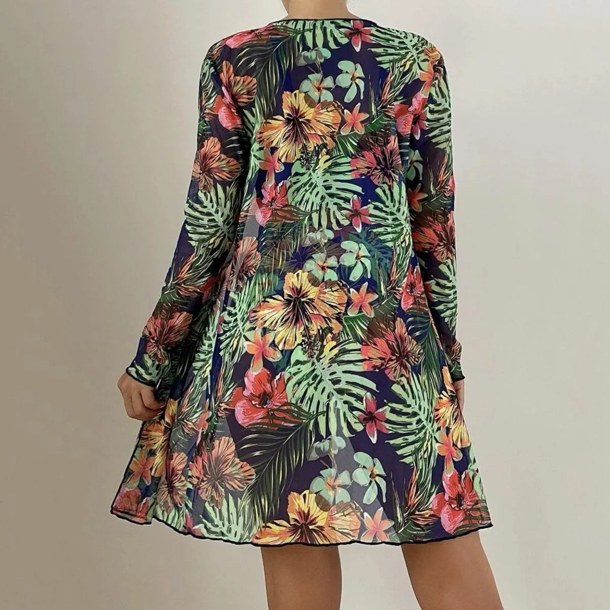 Conjunto Biquíni 3 Peças Feminino com Saída de Praia Estampa Tropical