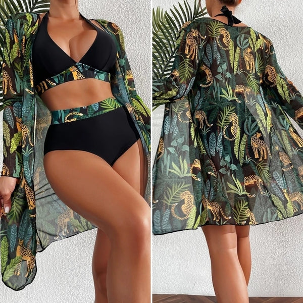 Conjunto Biquíni 3 Peças com Saída de Praia Kimono Tropical
