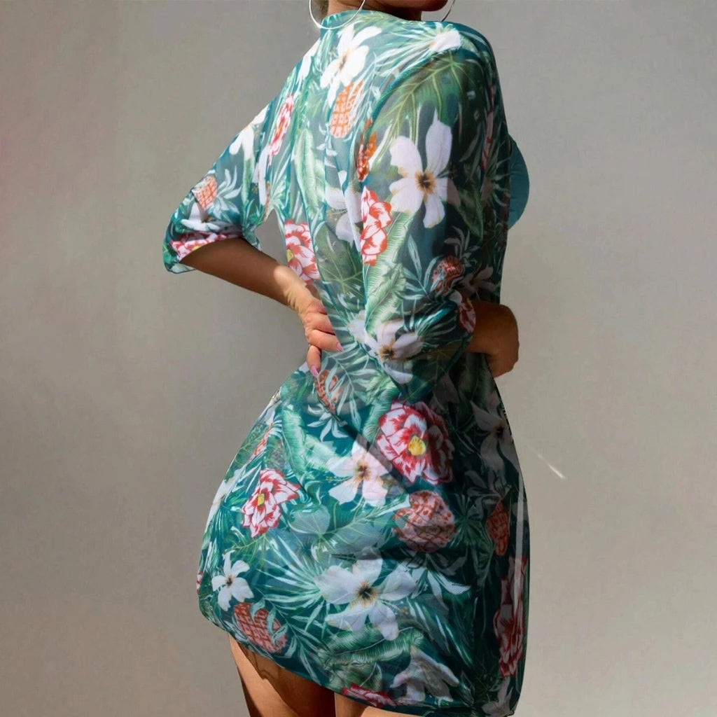 Conjunto Biquíni Tropical com Kimono e Short