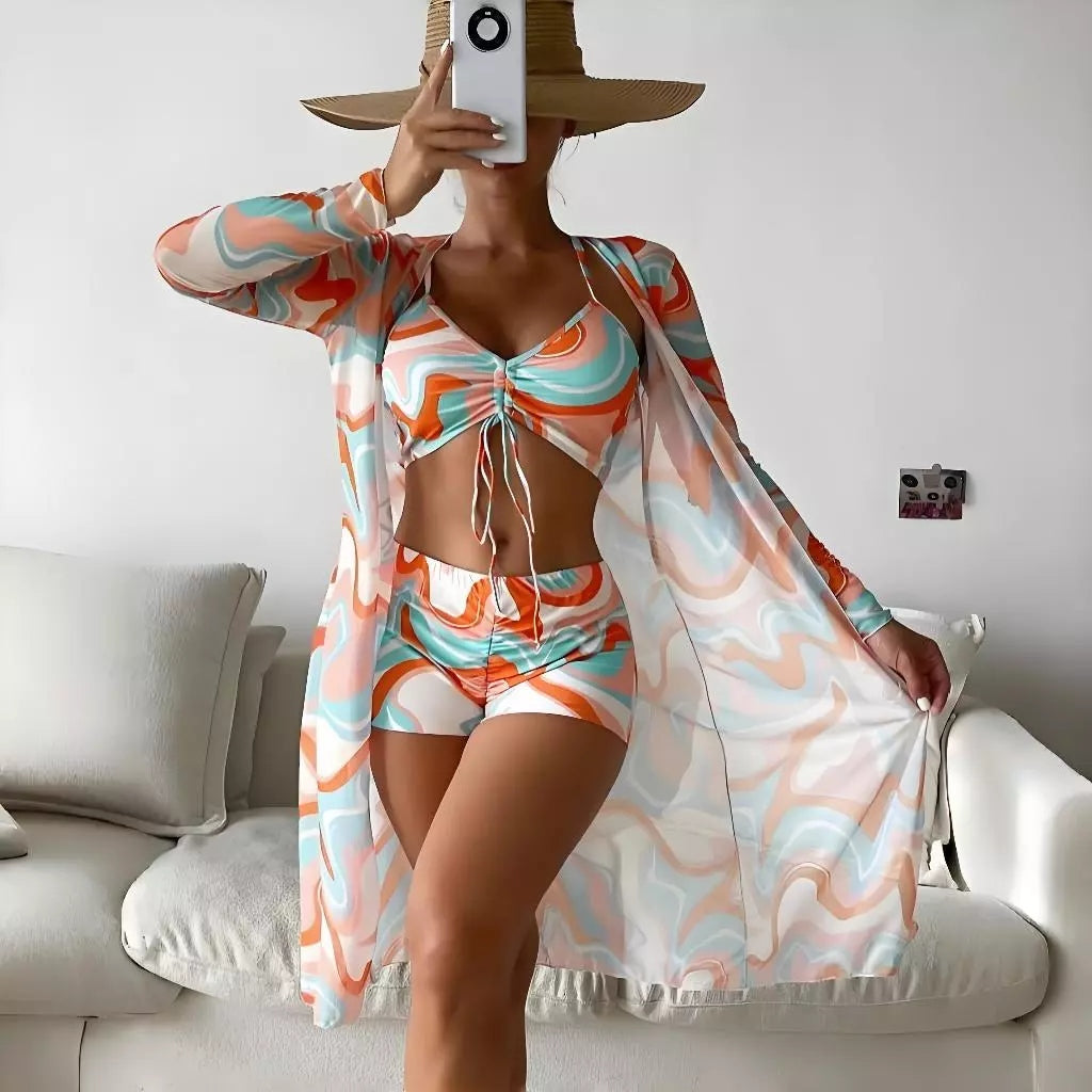 Conjunto Biquíni Feminino 3 Peças Estampa Tropical