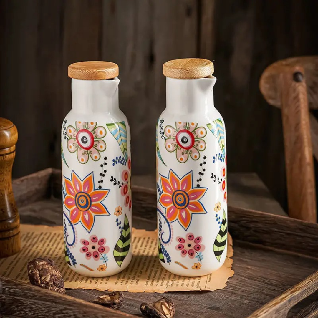 Garrafa de Azeite com Estampa de Flores Vintage em Cerâmica