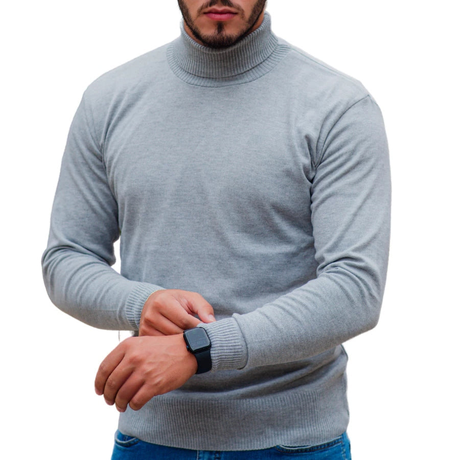 Suéter Masculino de Lã em Tricô Canelado com Gola Alta