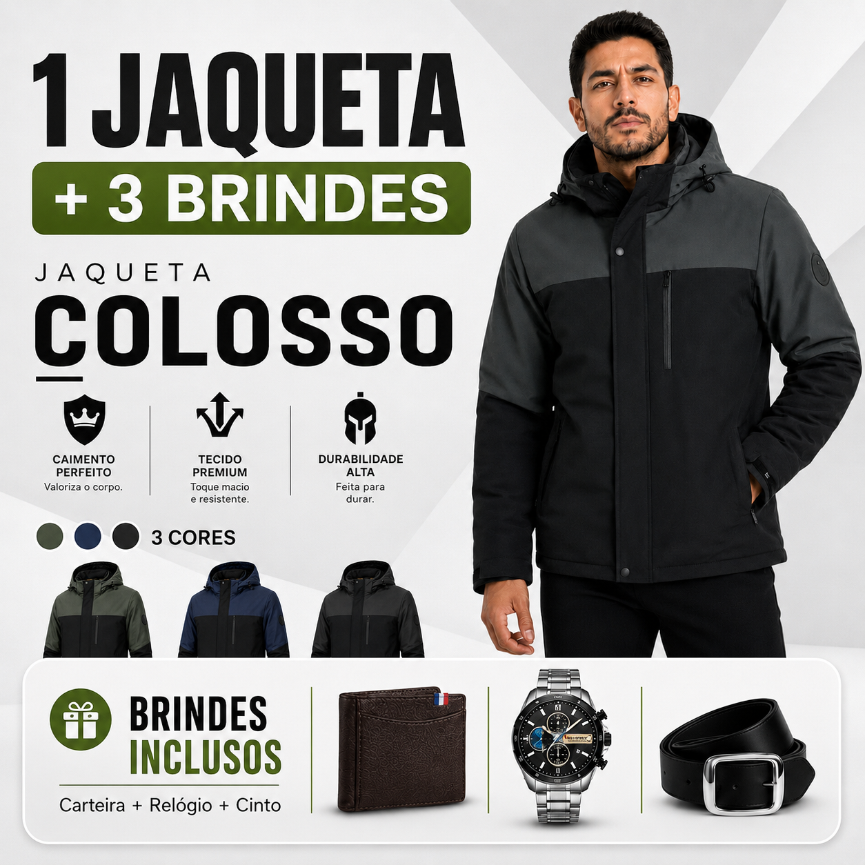 Jaqueta Masculina Mavero em Interior Forrado Térmico a Prova D'Água e Capuz Removível +BRINDES: Relógio, Cinto e Carteira