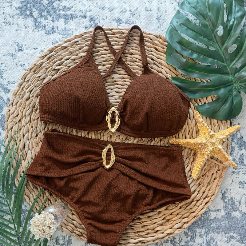 Biquíni Feminino Cintura Alta com Detalhes Dourados