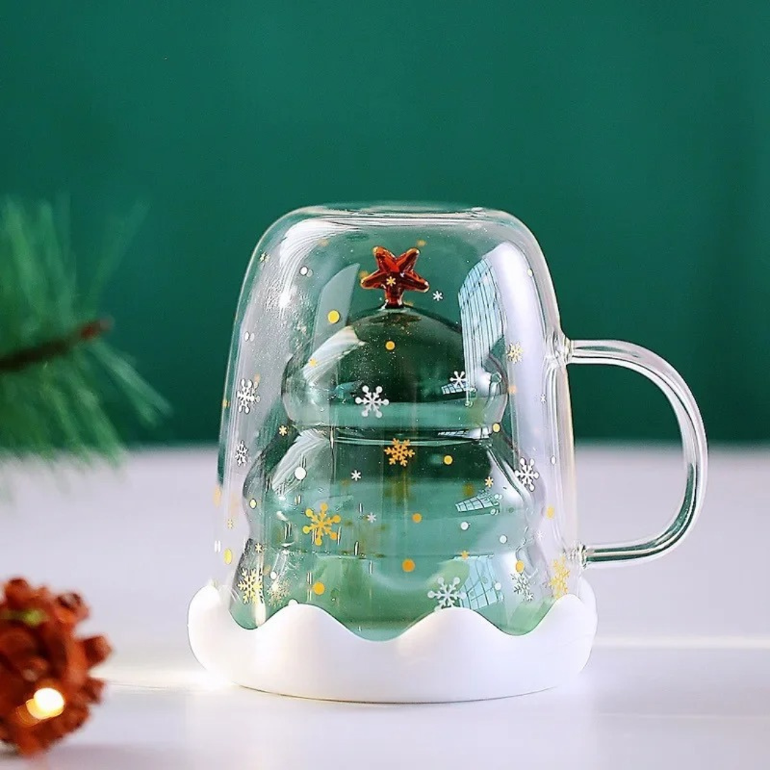Caneca de Vidro Duplo Criativa de Árvore de Natal 300ml