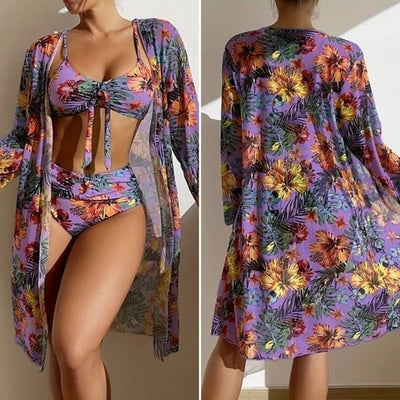 Conjunto Biquíni 3 Peças Floral com Saída de Praia