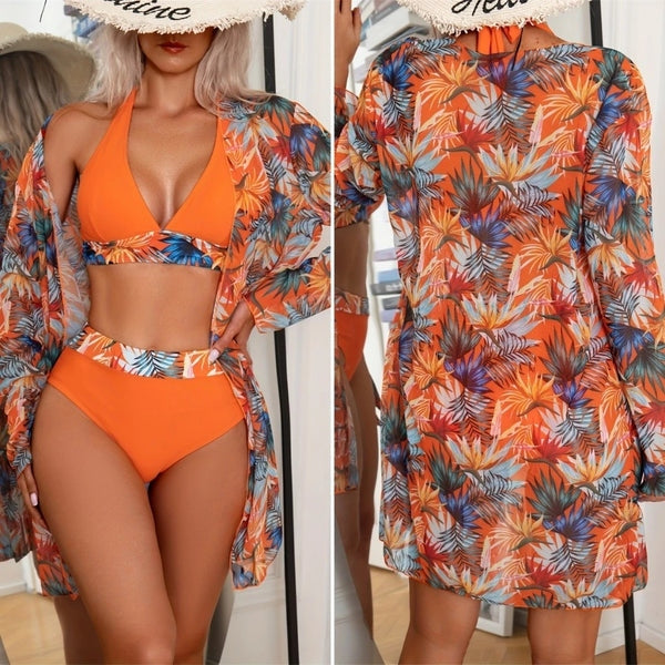 Conjunto Biquíni 3 Peças com Saída de Praia Kimono Tropical
