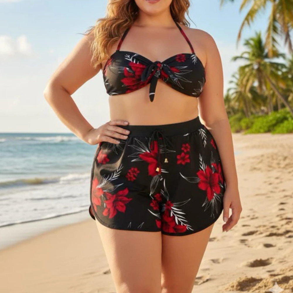 Conjunto Biquíni Feminino 3 Peças Estampado com Shorts