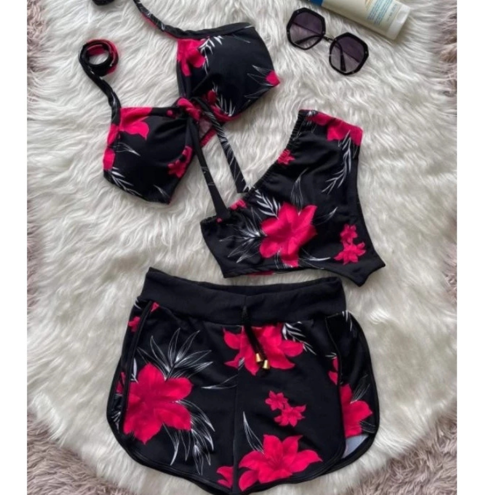 Conjunto Biquíni Feminino 3 Peças Estampado com Shorts