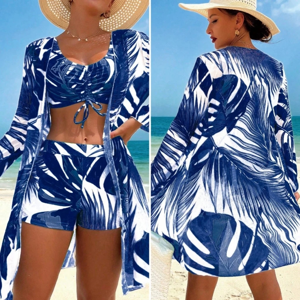 Conjunto Biquíni Feminino com Kimono Manga Longa Estampado