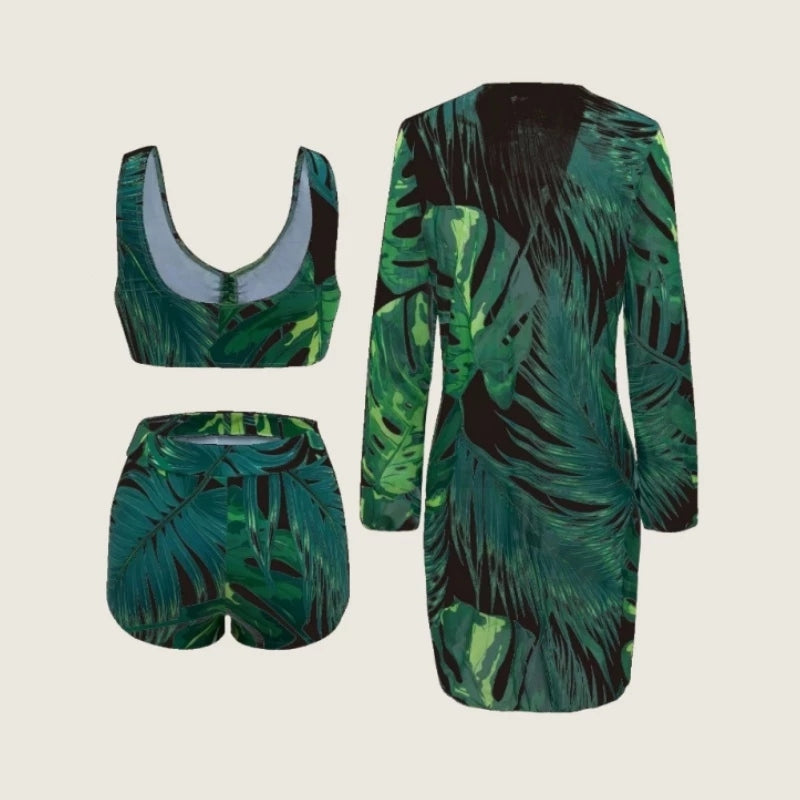 Conjunto Biquíni Feminino com Kimono Manga Longa Estampado