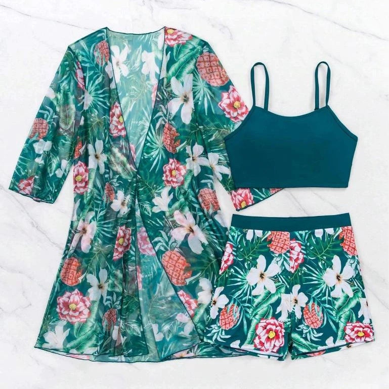 Conjunto Biquíni Tropical com Kimono e Short