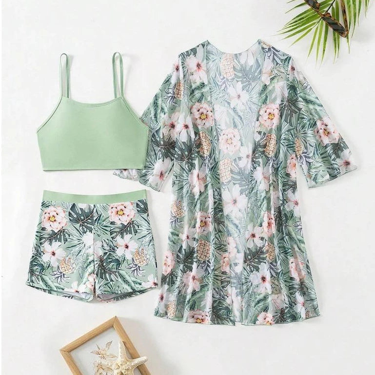 Conjunto Biquíni Tropical com Kimono e Short