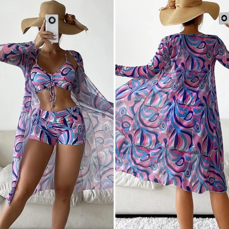 Conjunto Biquíni Feminino 3 Peças Estampa Tropical