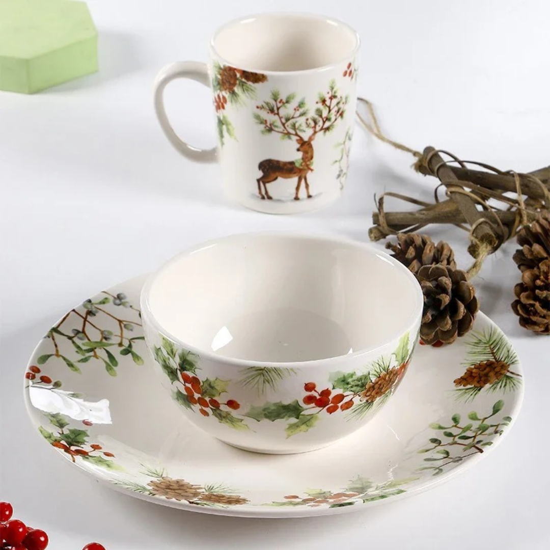 Conjunto de Louça Cerâmica Natalina com Pratos, Bowl e Xícaras