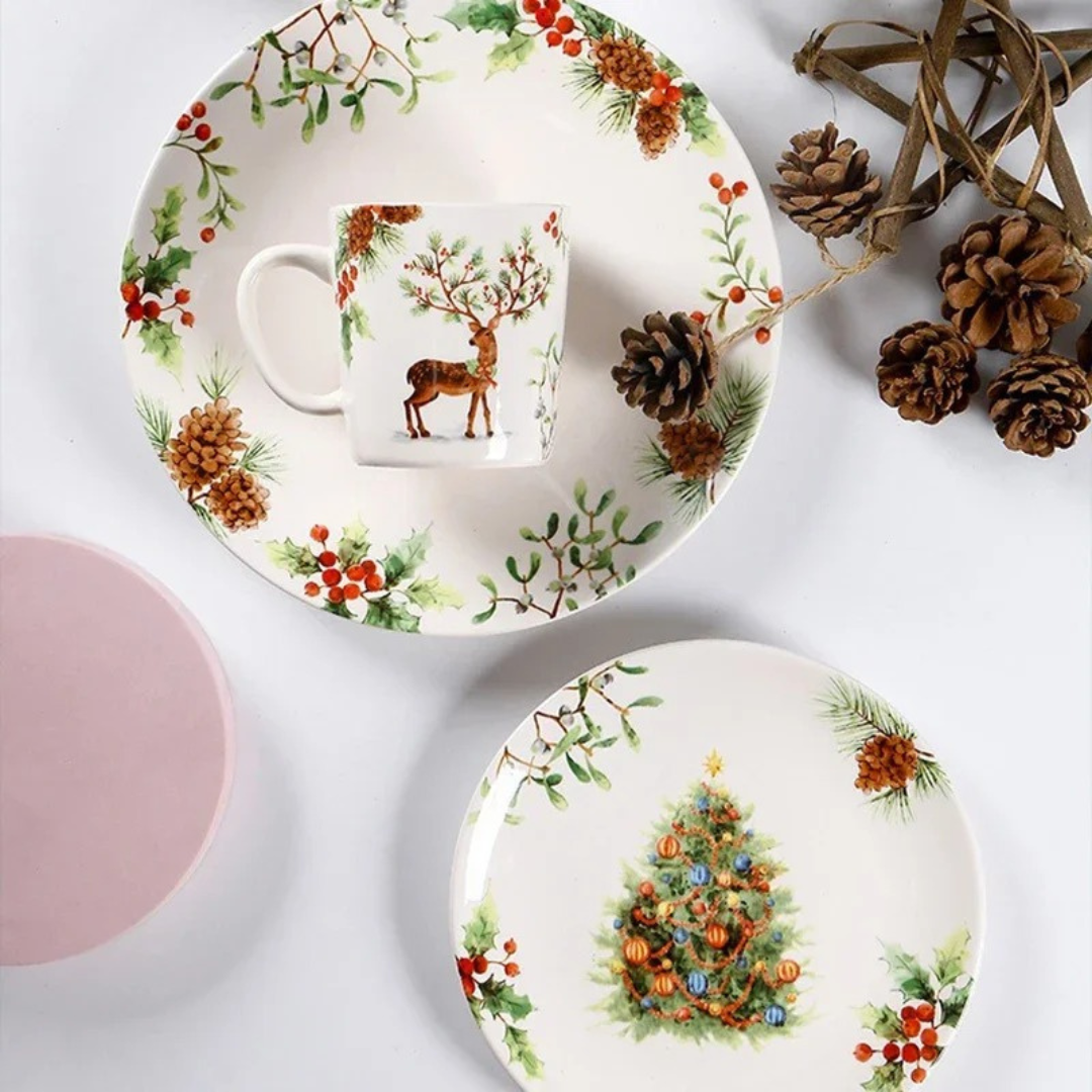 Conjunto de Louça Cerâmica Natalina com Pratos, Bowl e Xícaras