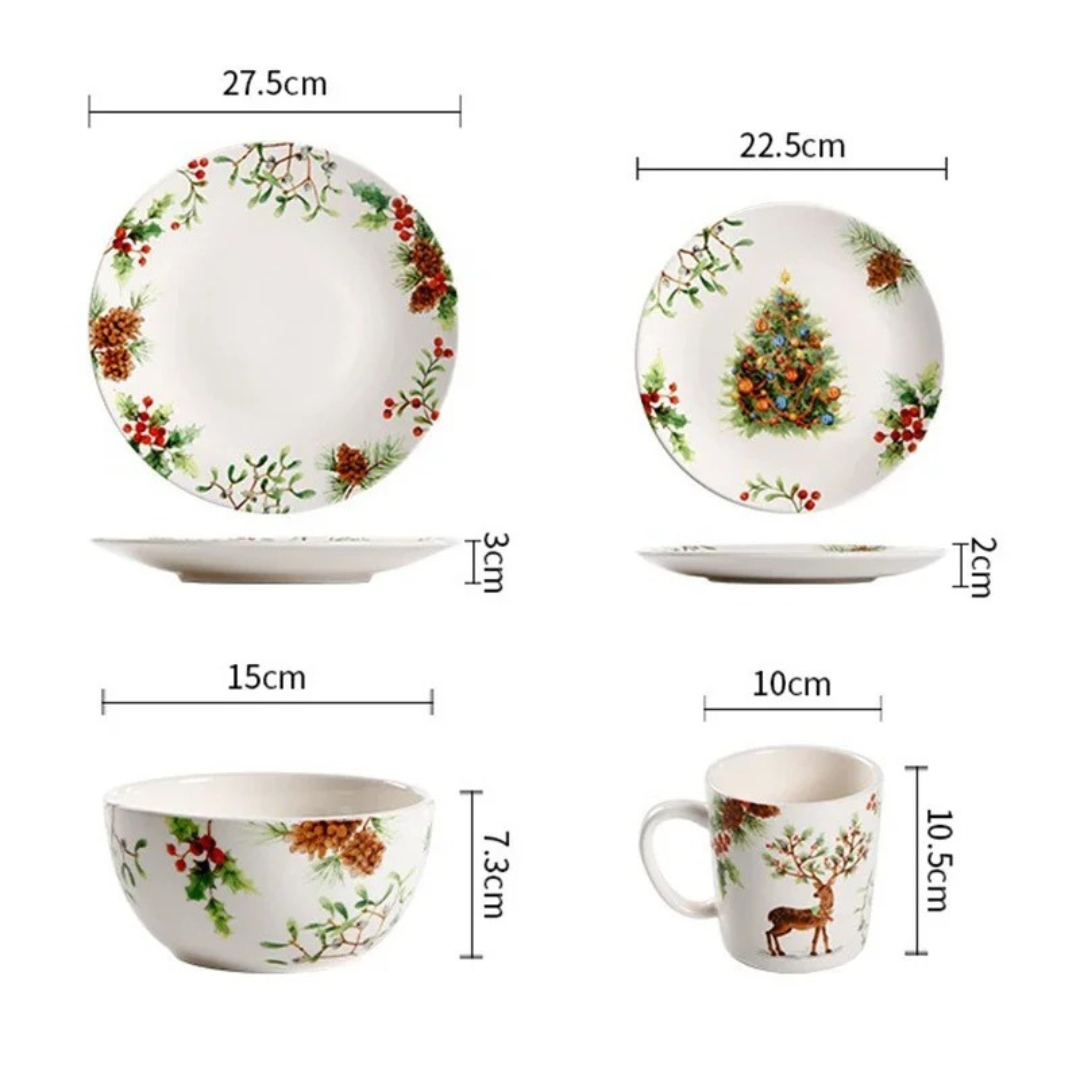 Conjunto de Louça Cerâmica Natalina com Pratos, Bowl e Xícaras