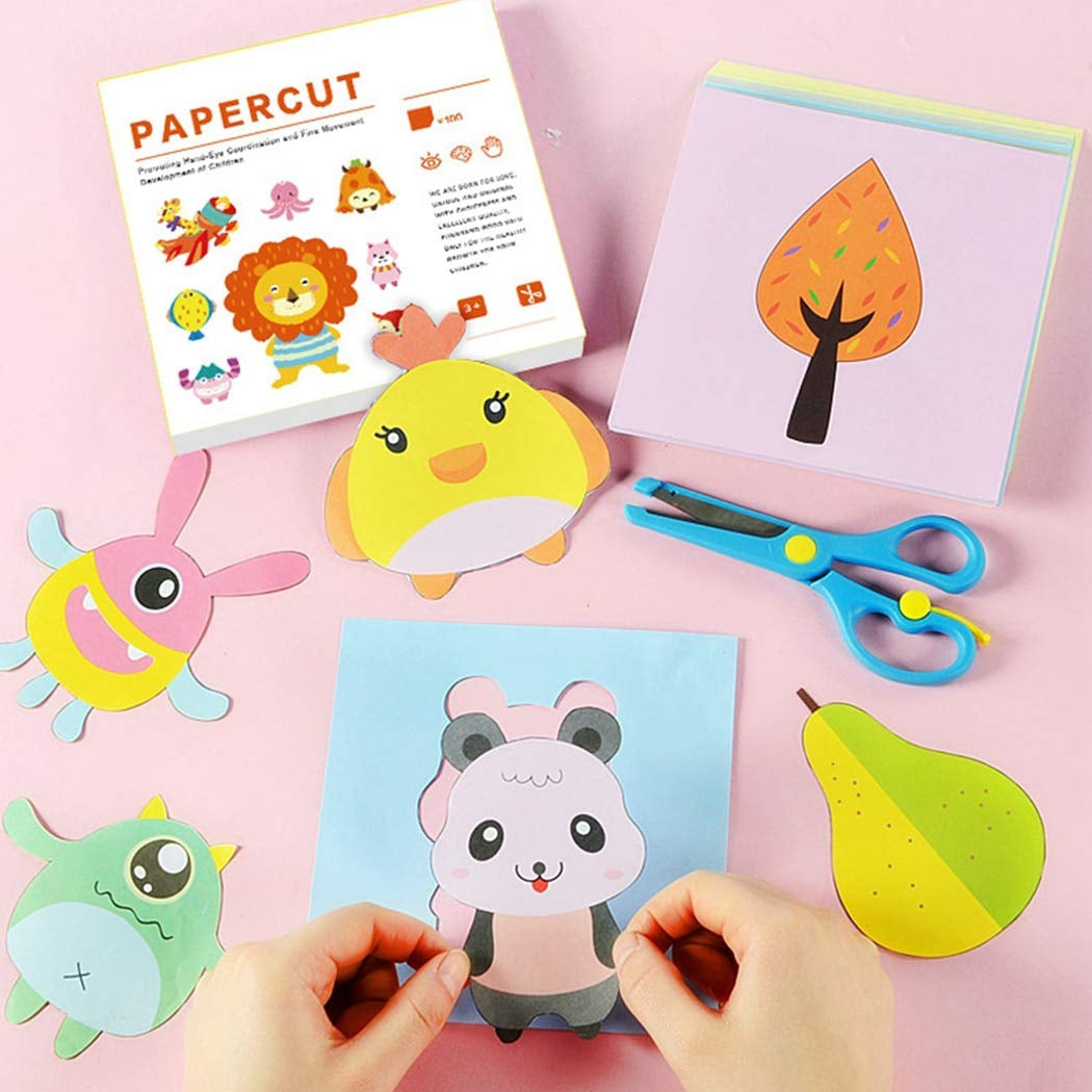 Kit com 48 Peças de Papel para Recorte e Atividades Manuais + Tesoura Infantil