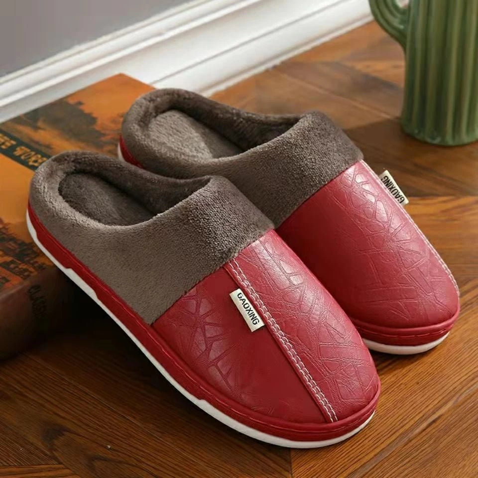 Pantufa Masculina de Couro Impermeável Antiderrapante para Inverno