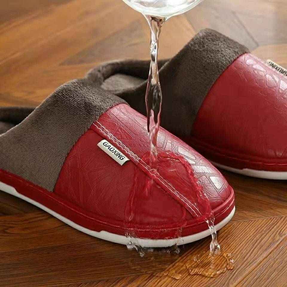 Pantufa Masculina de Couro Impermeável Antiderrapante para Inverno