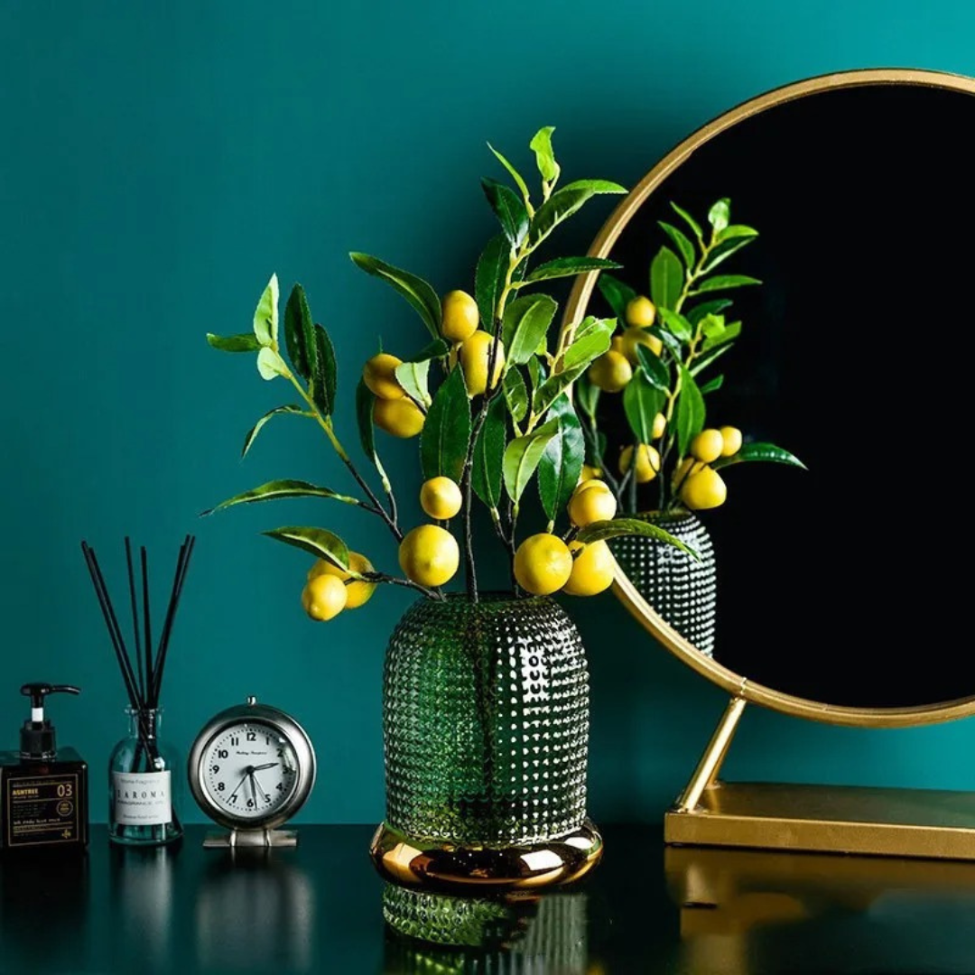 Vaso de Vidro Verde Escuro com Borda Dourada