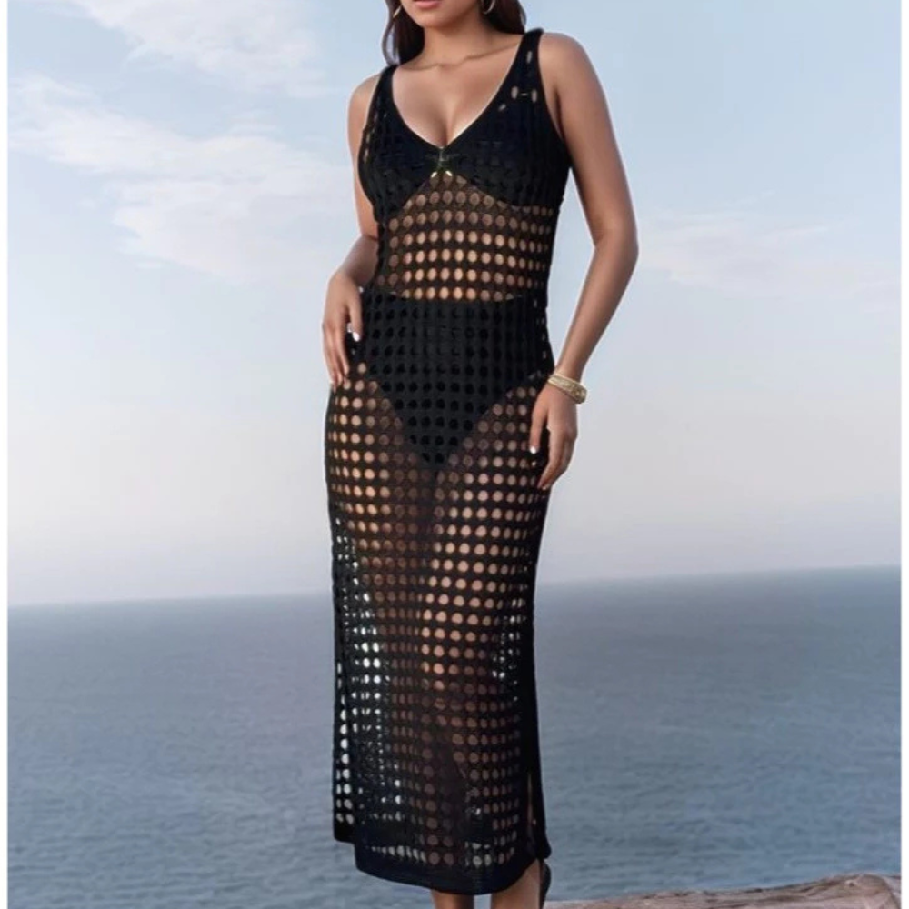 Vestido Saída de Praia Feminino Longo em Crochê Rendado